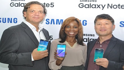 (L-r): Emmanouil Revmatas, director, Information Technology and Mobile; Ms. Olajumoke Okikiolu, marketing manager, Information Technology and Mobile and Brovo Kim, managing director, all of Samsung Electronics West Africa, during the launch of the latest addition to its Galaxy Note family, the Galaxy Note 5 in Lagos on Wednesday.